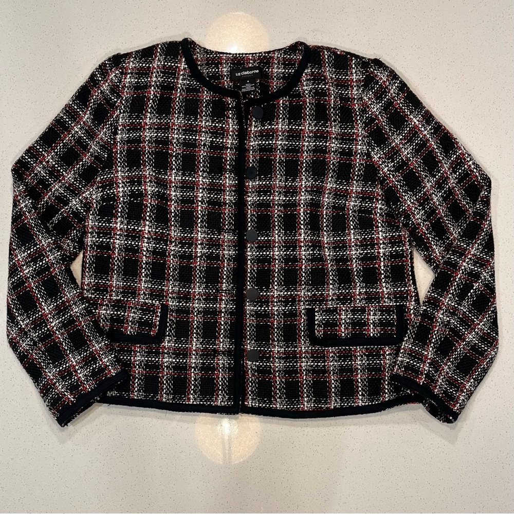 ⭐️ VINTAGE ⭐️ Liz Claiborne Womens Black, Red, and White Tweed Blazer  Size 6